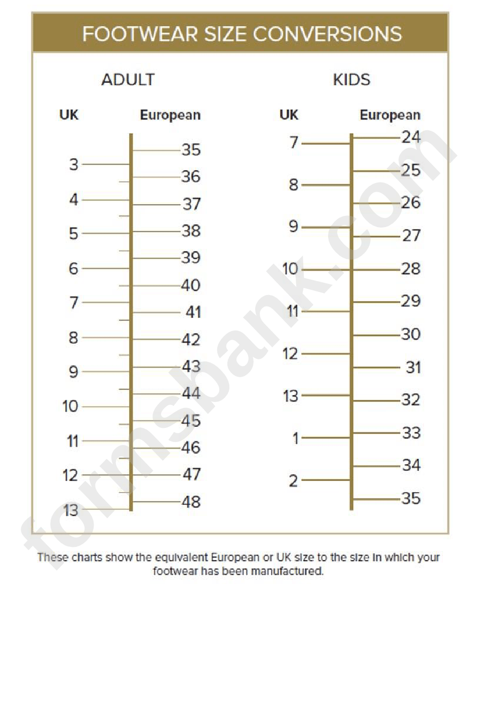 Footwear Size Conversion Chart printable pdf download