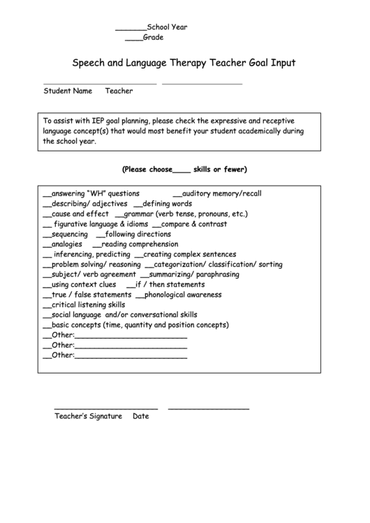 Speech And Language Therapy Teacher Goal Input printable pdf download