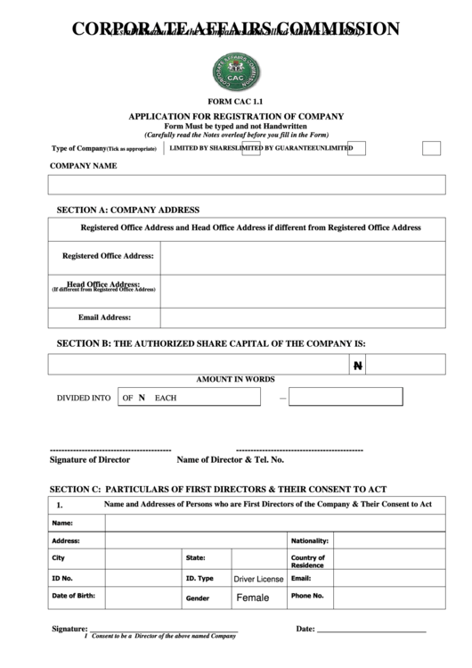 Fillable Application Form For Registration Of Company printable pdf