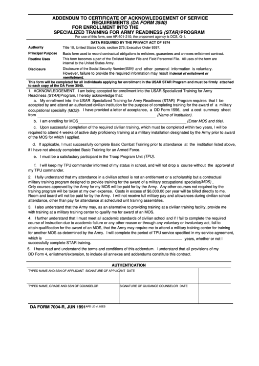Fillable Da Form 7004R, 1991, Enrollment Into Us Army