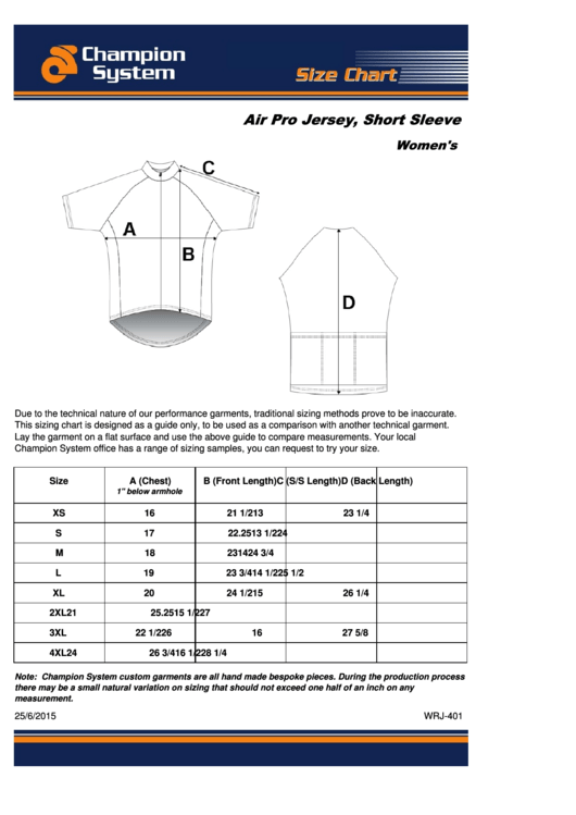 Champion System Air Pro Jersey, Short Sleeve Size Chart printable pdf