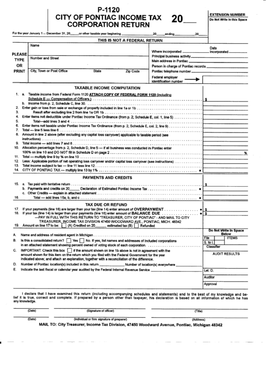 P1120, City Of Pontiac Tax Corporation Return printable pdf