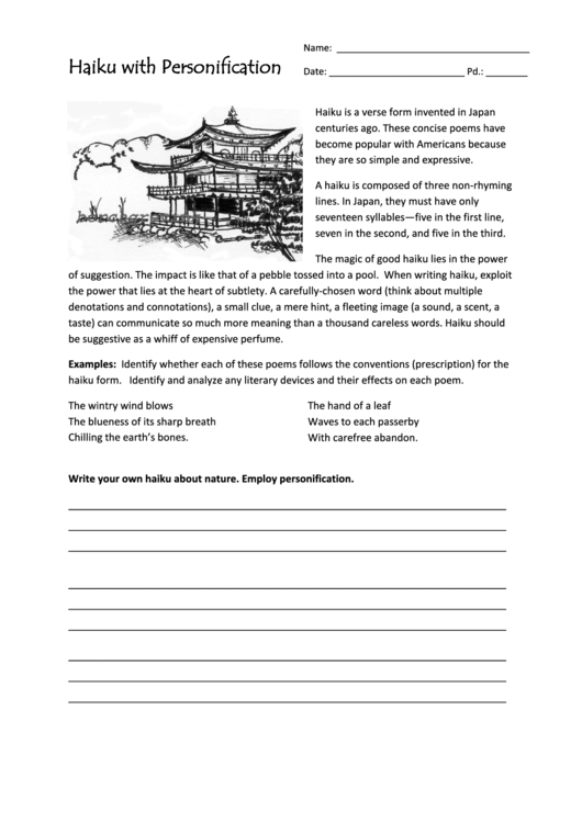 Haiku With Personification Worksheet printable pdf download