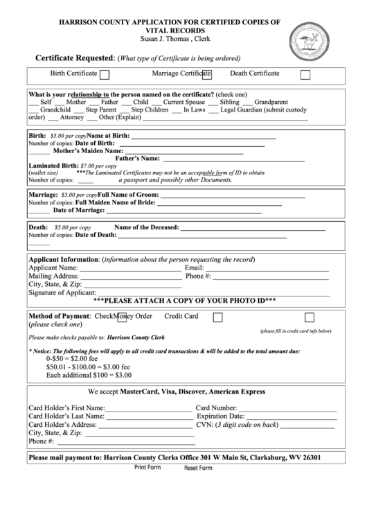 Fillable Harrison County Application For Certified Copies Of Vital