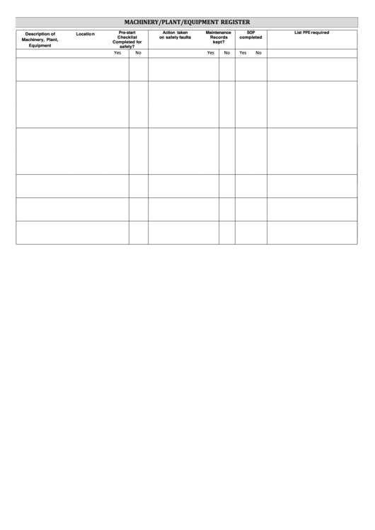 Machinery/plant/equipment Register Template printable pdf download