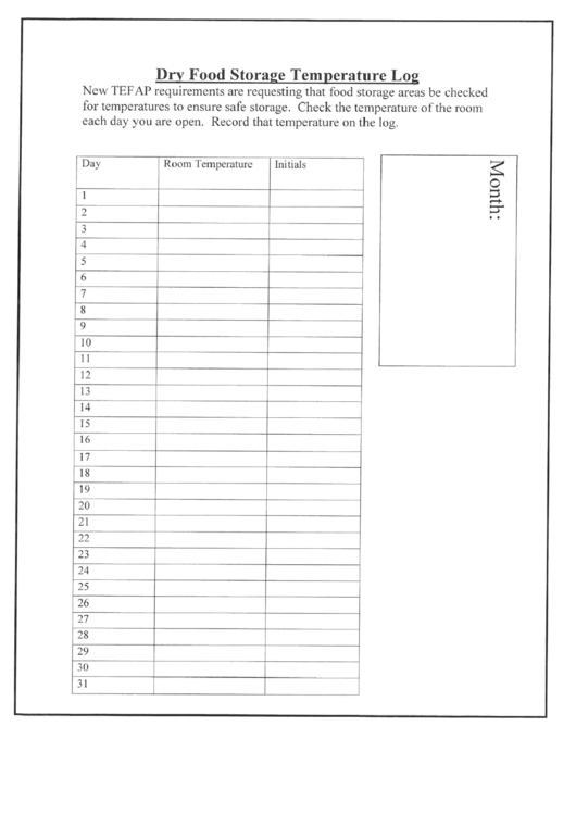 Dry Food Storage Temperature Log printable pdf download