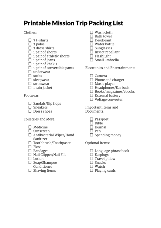 Mission Trip Packing List Template printable pdf download