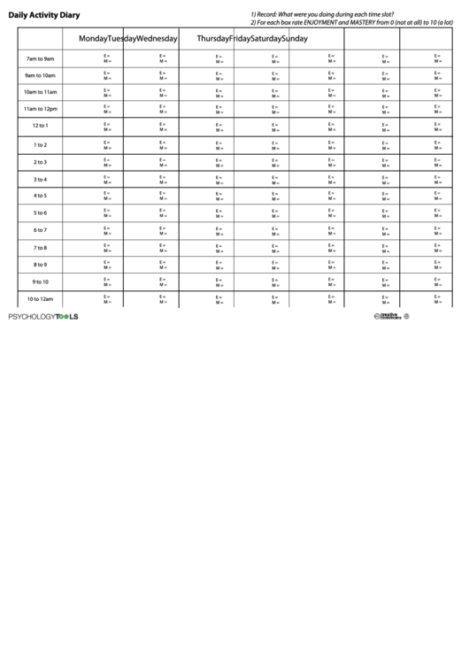 Daily Activity Diary Template E And M printable pdf download