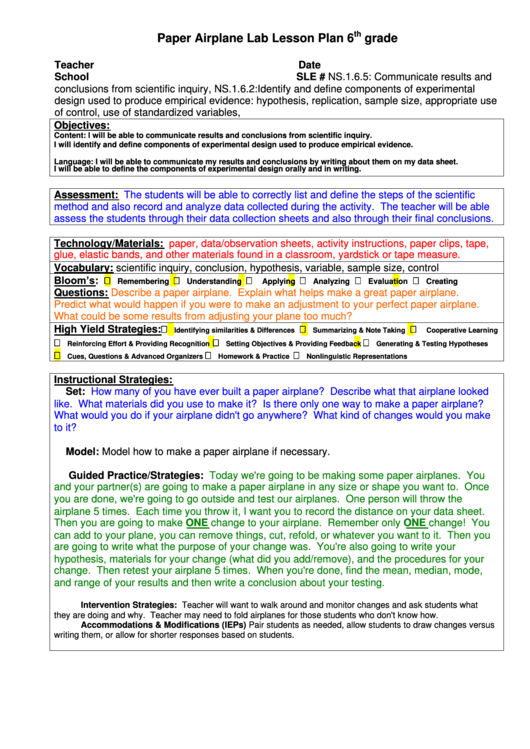 Paper Airplane Lab Lesson Plan 6th Grade printable pdf download