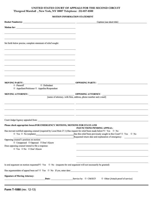 Fillable Form T1080 United States Court Motion Information