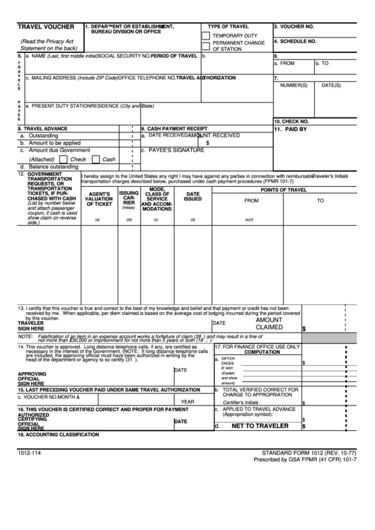 Fillable Travel Voucher Standard Form 1012 printable pdf download