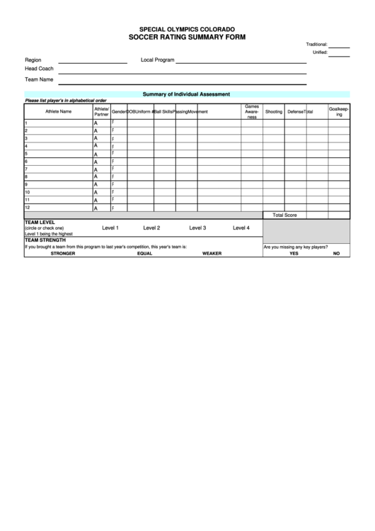 Fillable Soccer Rating Summary Form printable pdf download