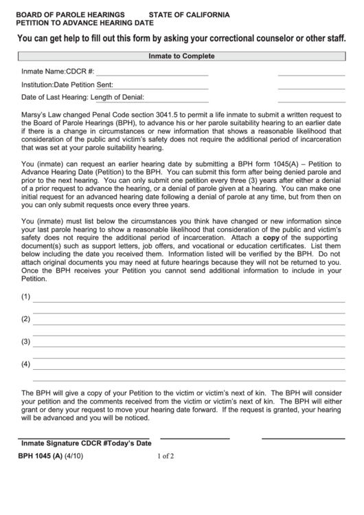 Board Of Parole Hearings Petition To Advance Hearing Date State Of