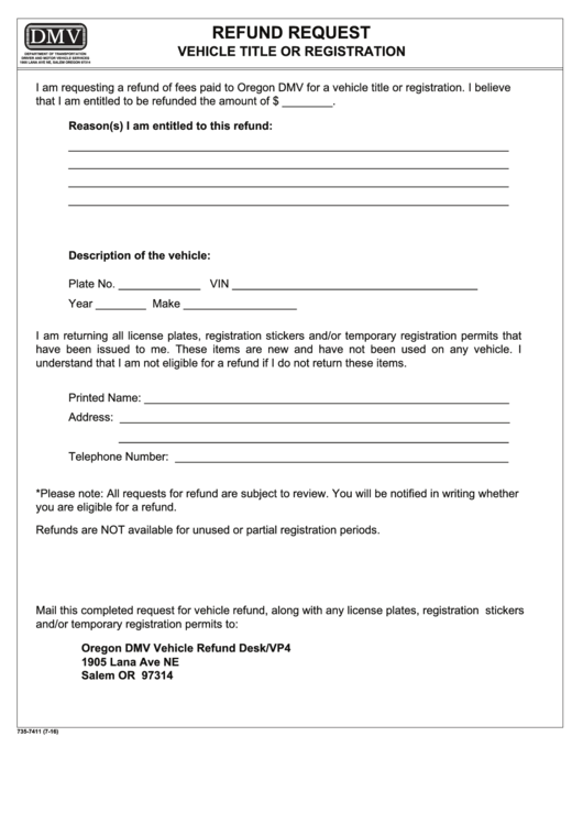 Refund Request Vehicle Title Or Registration Oregon printable pdf