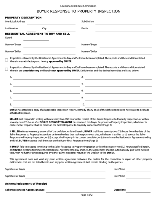 Fillable Louisiana Real Estate Commission Buyer Response To Property