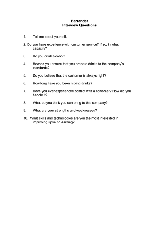 Bartender Interview Questions Template printable pdf download