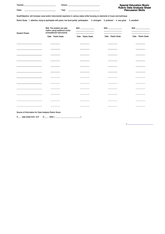 Special Education Music Rubric Data Analysis Sheet Percussion Skills printable pdf download