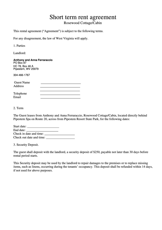 Short Term Rent Agreement printable pdf download