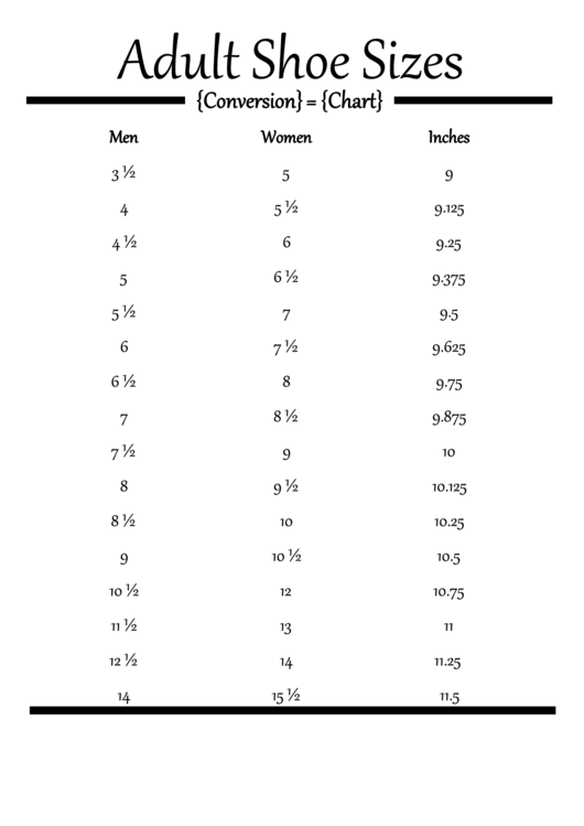 Adult Shoe Size Conversion Chart printable pdf download