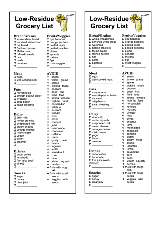 LowResidue Grocery List Template printable pdf download