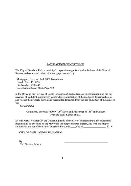 Satisfaction Of Mortgage printable pdf download
