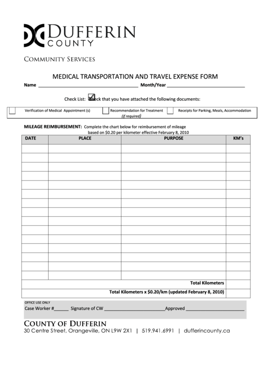 Medical Transportation And Travel Expense Form printable pdf download