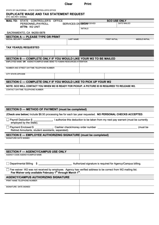 Fillable Duplicate W2 Request Form printable pdf download