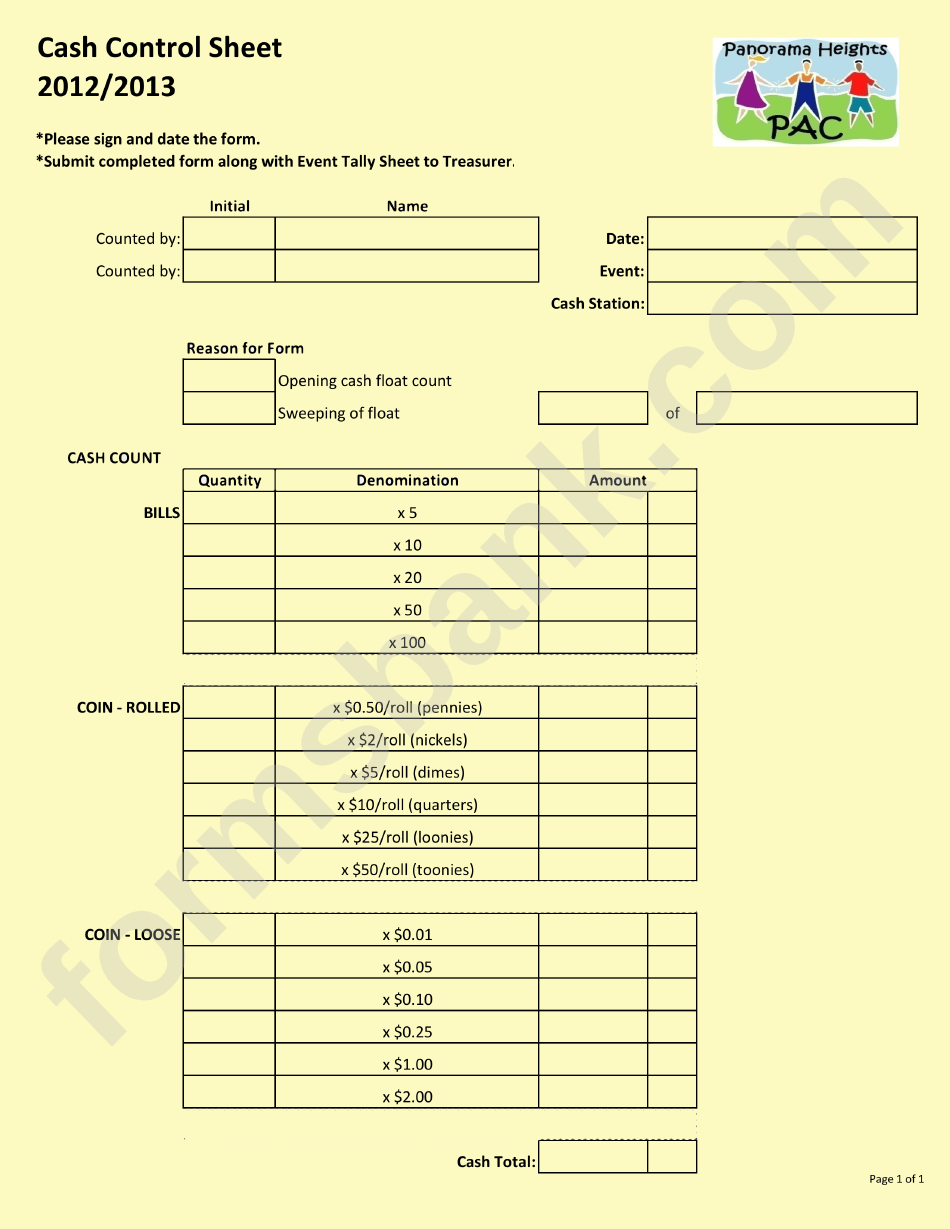 Cash Control Sheet printable pdf download