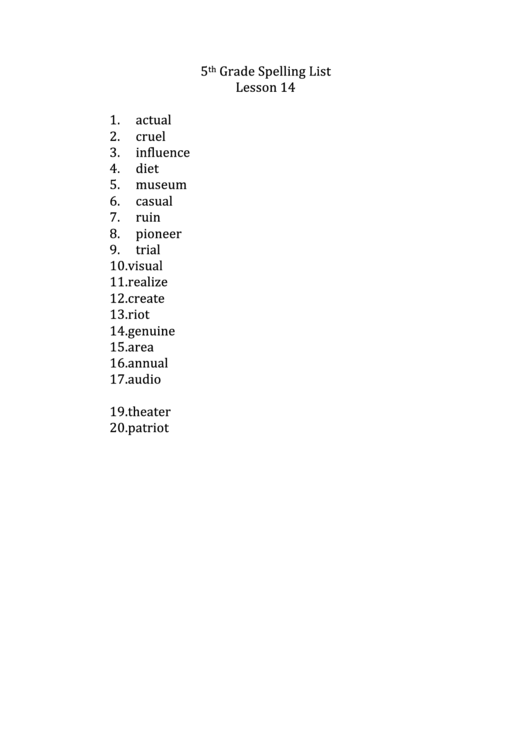 5th Grade Spelling List printable pdf download