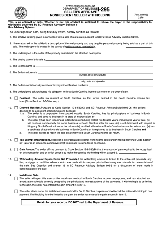 Form I295 Seller'S Affidavit Nonresident Seller Withholding State Of