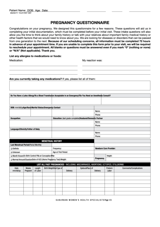 Fillable Pregnancy Questionnaire Template printable pdf download