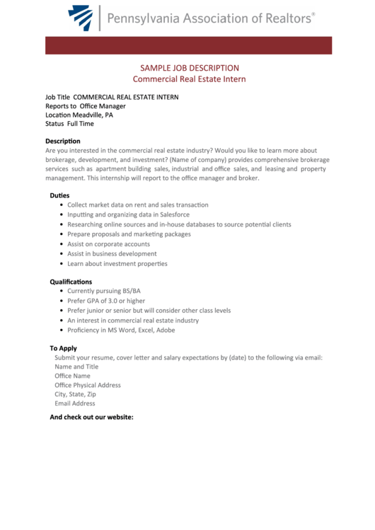 Sample Job Description Commercial Real Estate Intern printable pdf