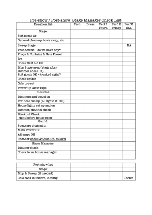 PreShow / PostShow Stage Manager Check List printable pdf download