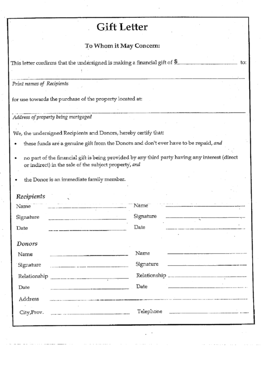 Financial Gifting Letter Template printable pdf download
