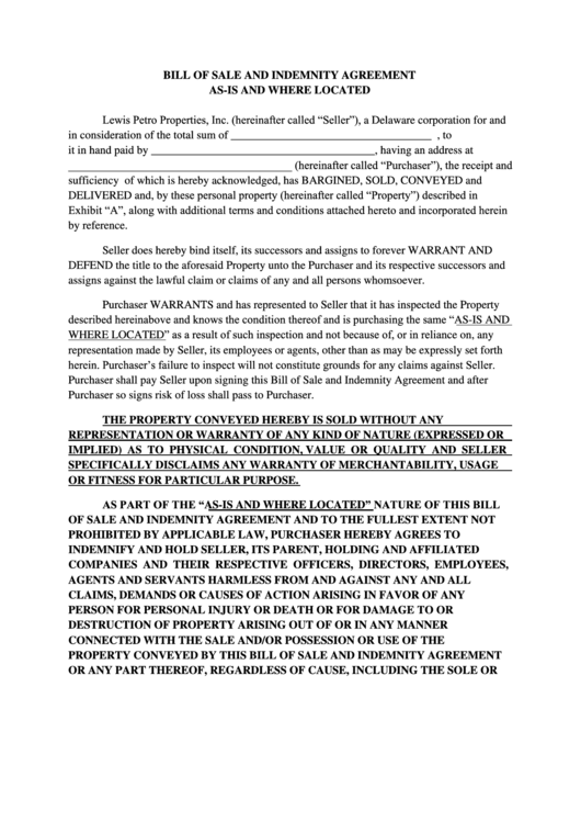 Bill Of Sale And Indemnity Agreement printable pdf download