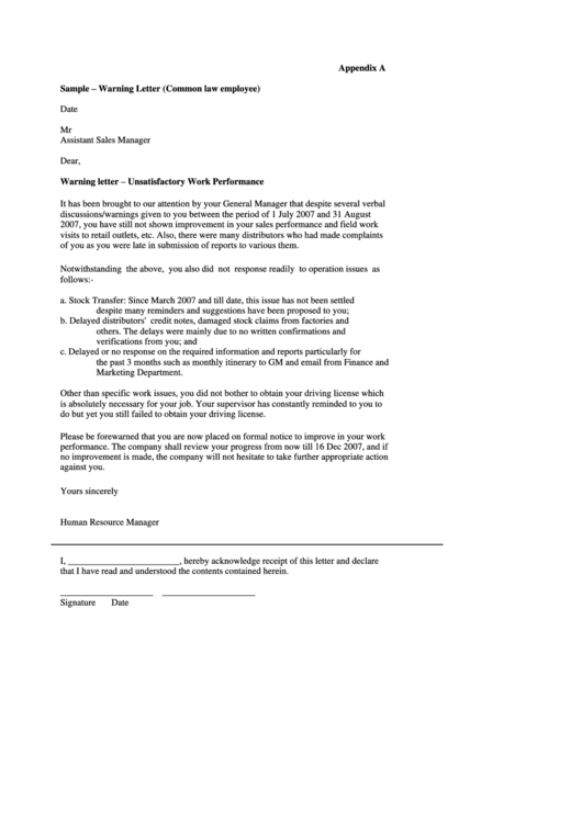 Sample Warning Letter Law Employee) printable pdf download