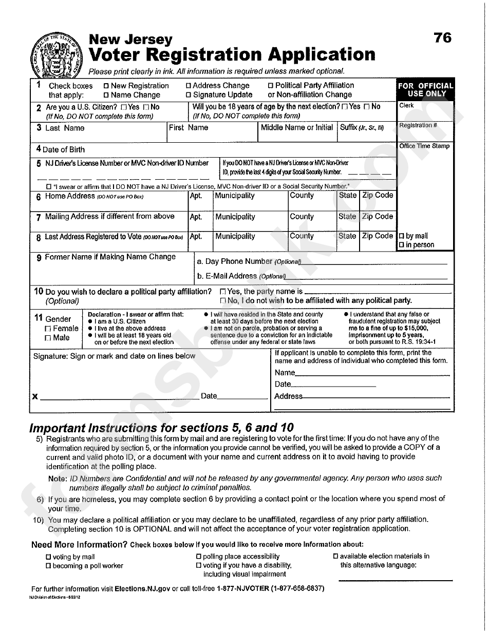Voter Registration Application New Jersey printable pdf download