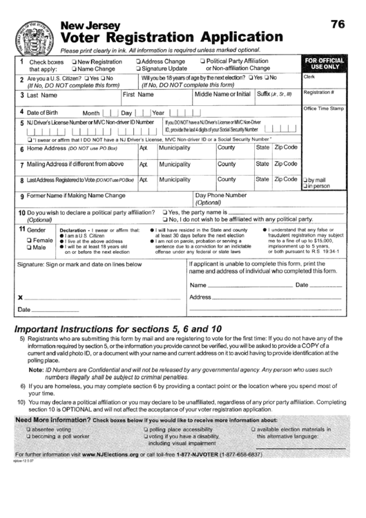 Voter Registration Application New Jersey printable pdf download