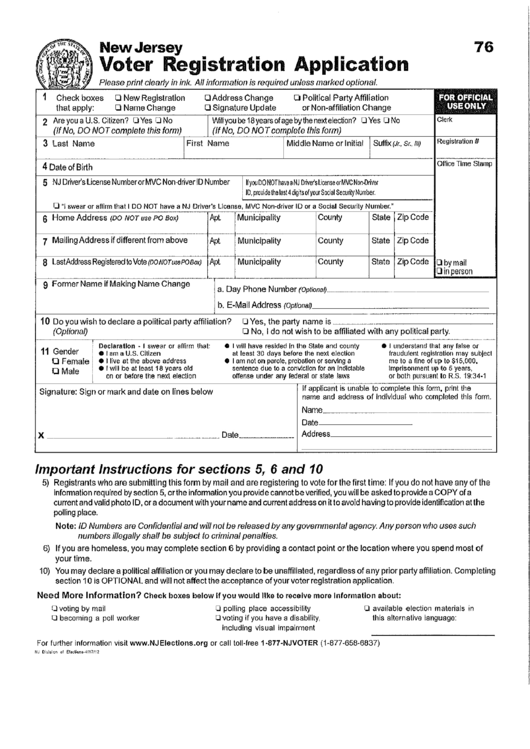 Voter Registration Application New Jersey printable pdf
