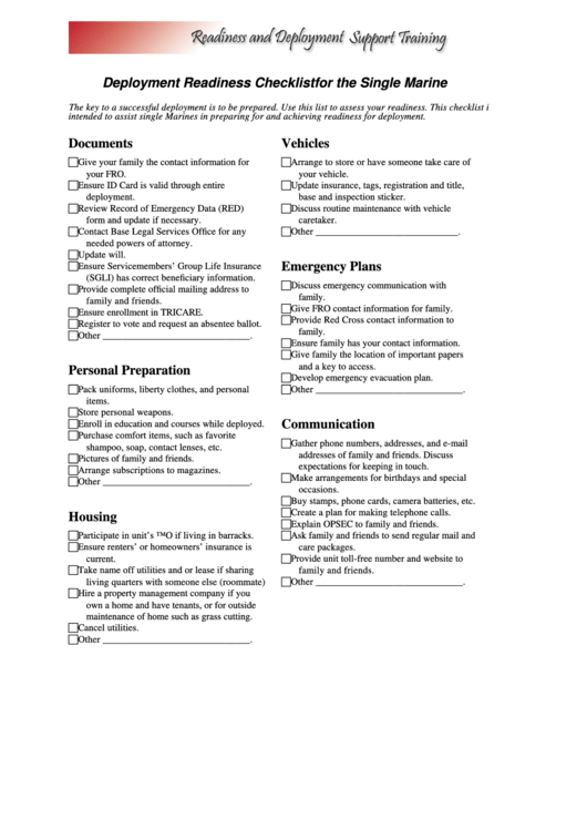 Deployment Readiness Checklist For The Single Marine