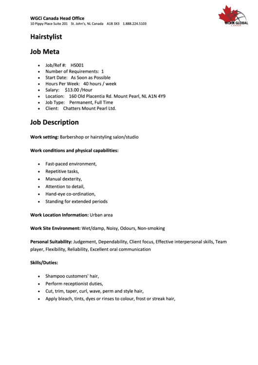 Hairstylist Job Description printable pdf download