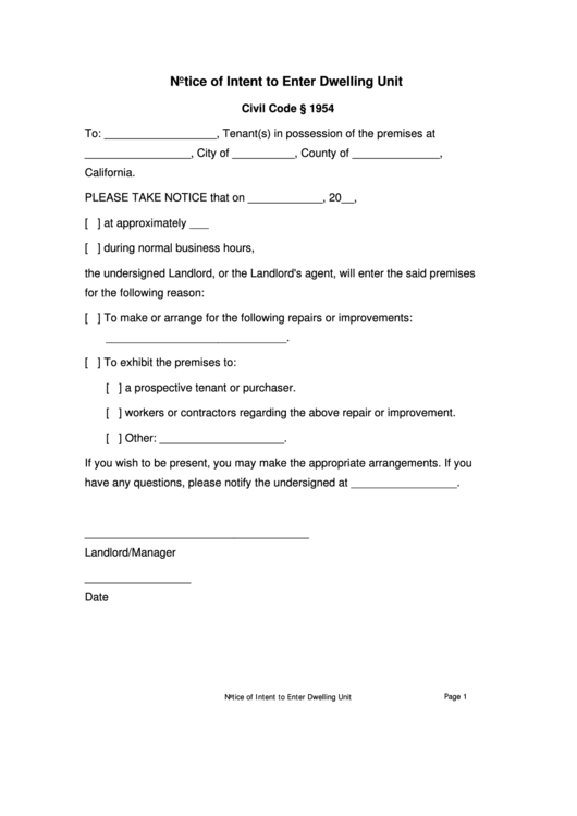 Notice Of Intent To Enter Dwelling Unit printable pdf download