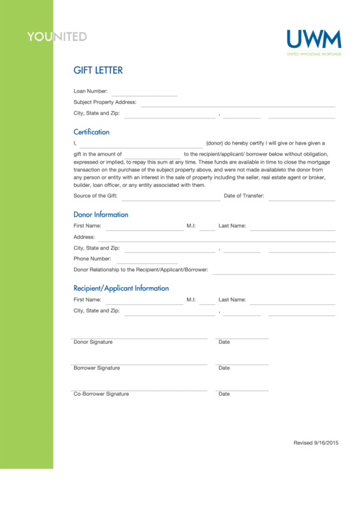 Fillable Gift Letter Template United Wholesale Mortgage printable pdf