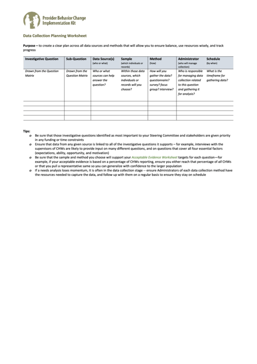 Data Collection Planning Worksheet printable pdf download