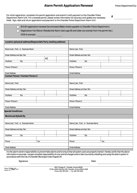Fillable Alarm Permit Application/renewal City Of Chandler Police
