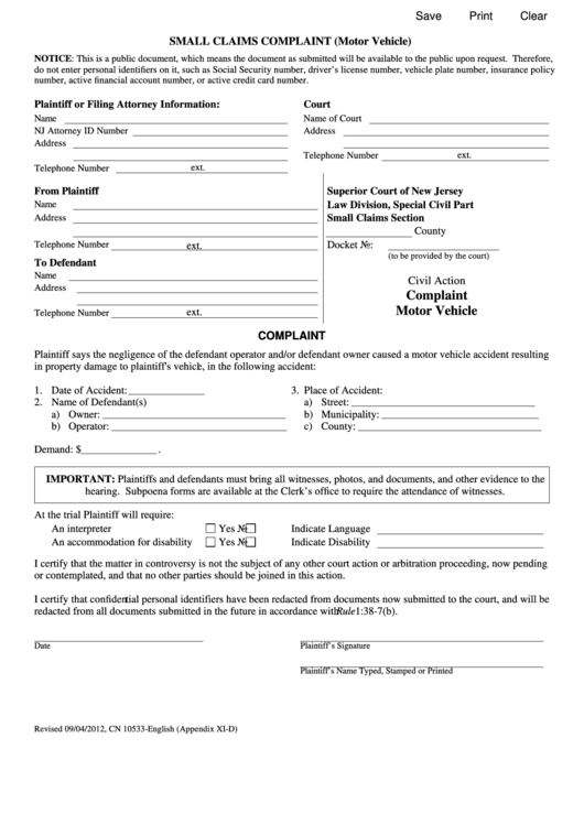 Fillable Small Claims Complaint (Motor Vehicle) printable pdf download