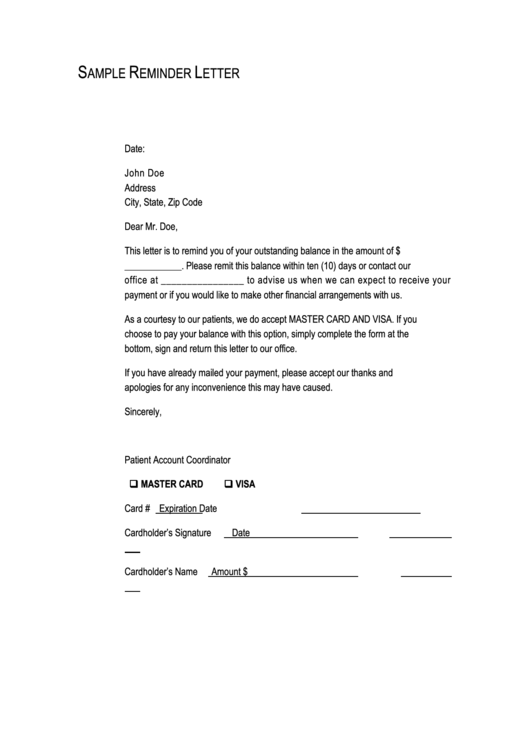 Sample Reminder Letter printable pdf download