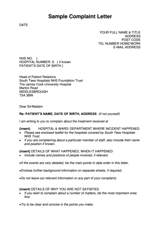 Sample Complaint Letter printable pdf download
