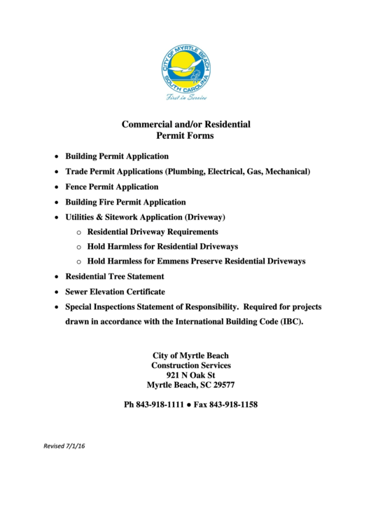 Commercial And/or Residential Permit Forms printable pdf download