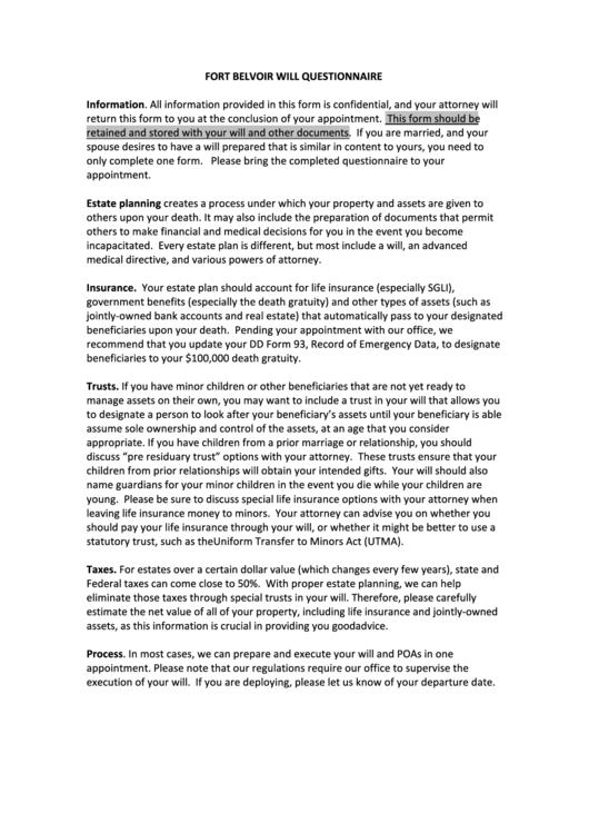 Fillable Fort Belvoir Will Questionnaire printable pdf download